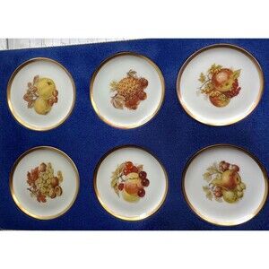 Vintage Schumann Bavaria Porcelain Butter Pats: Fruit Motif Gold Trim
